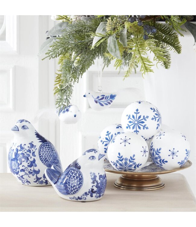 Blue & White Porcelain Floral Pattern Wing Detail Sitting Birds - Sold Individually