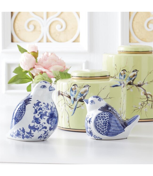 Blue & White Porcelain Floral Pattern Wing Detail Sitting Birds - Sold Individually