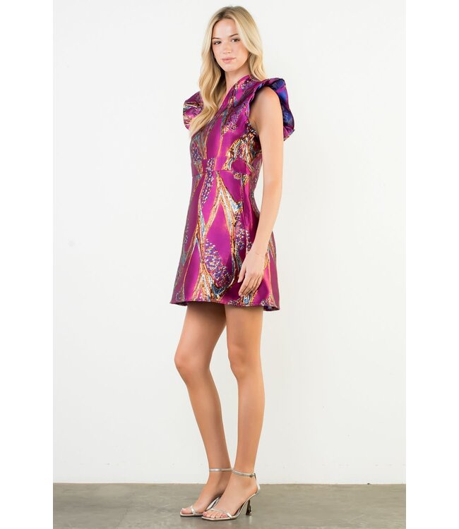 Angela Flutter Sleeve Pattern V-Neck Dress