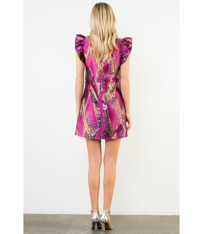 Angela Flutter Sleeve Pattern V-Neck Dress