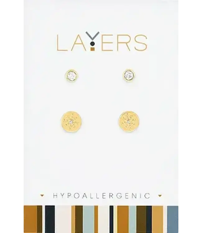 Gold CZ & Studded Sun Duo Layers Earrings
