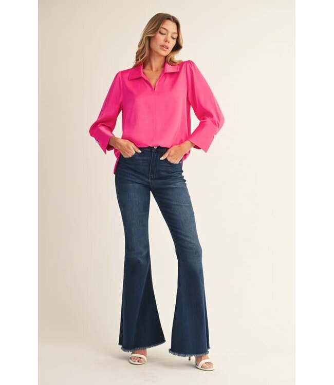 Mila Pearl Cuff Button Accent Satin Top