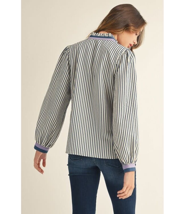 Emilia Ruffled Neck Button Down Stripe Top