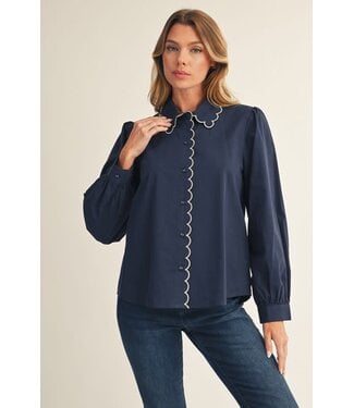 Leah Scallop Edge Detail Button Down Solid Shirt