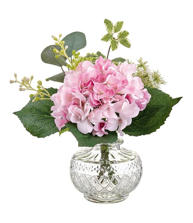 10 Inch Hydrangea/Snowball/Dill in Glass Vase