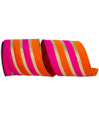 4 Inch Stripe Trimming Overlay Dupioni Deluxe - Orange/Fuchsia
