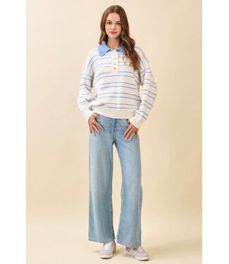 Chloe Striped Knit Drop Shoulder Ribbed Trim Pullover