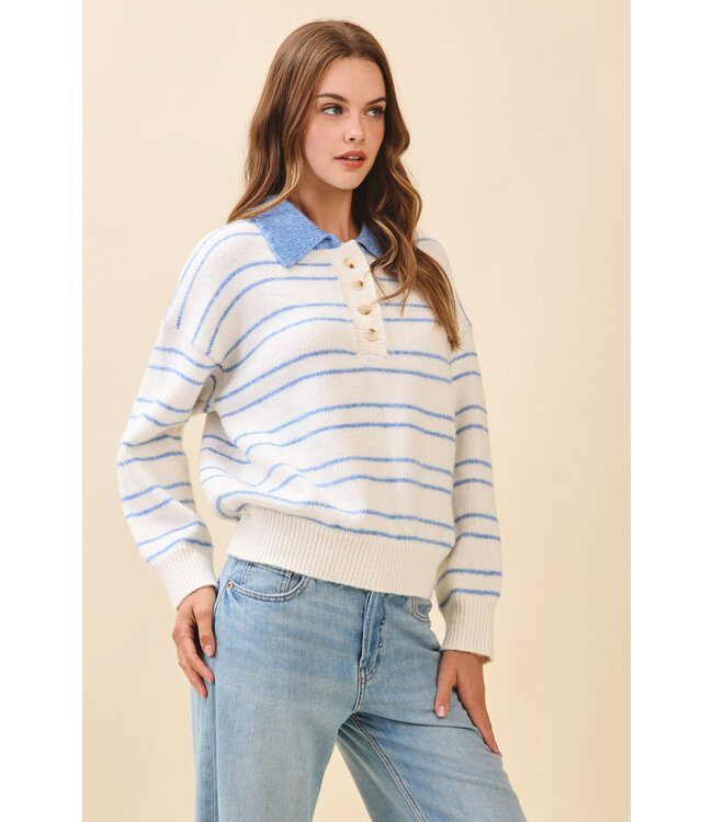 Chloe Striped Knit Drop Shoulder Ribbed Trim Pullover
