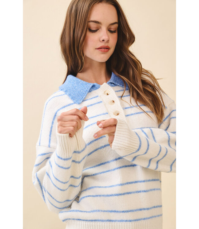 Chloe Striped Knit Drop Shoulder Ribbed Trim Pullover