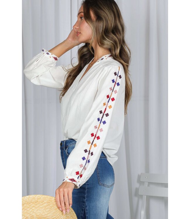 Angela V-Neck Long Sleeve Embroidered Cotton Blouse