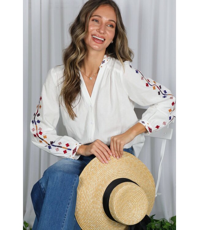 Angela V-Neck Long Sleeve Embroidered Cotton Blouse