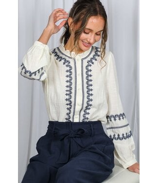 Sarah Ruffle Neck Button-Down Embroidered Blouse