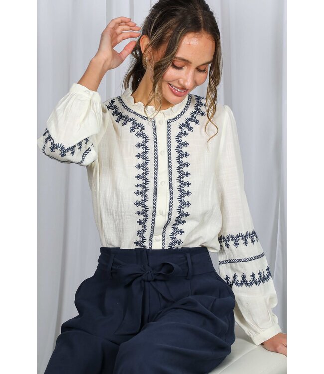Sarah Ruffle Neck Button-Down Embroidered Blouse