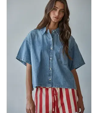 Woven Cotton Chambray Denim Short Sleeve Shirt Top