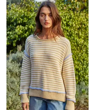 Knit Sweater with Striped Contrast Seam Mustard/White
