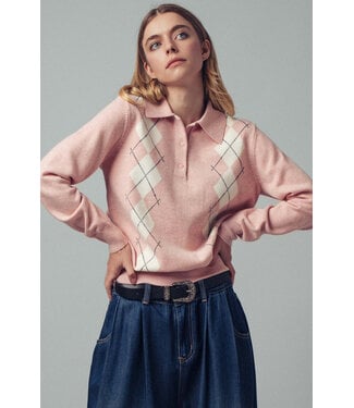 Cassy Premium Preppy Argyle Knit Polo Sweater
