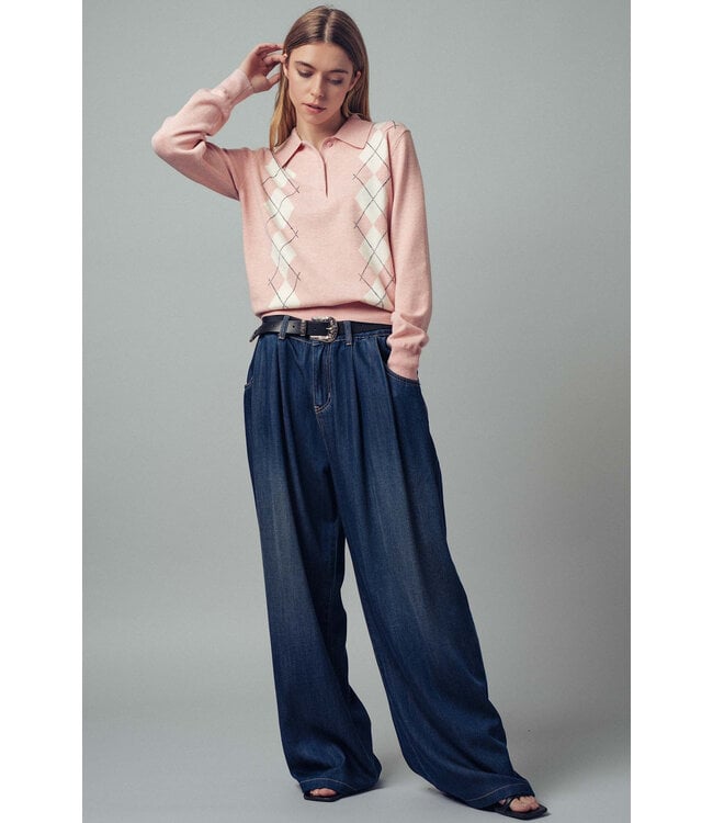 Cassy Premium Preppy Argyle Knit Polo Sweater