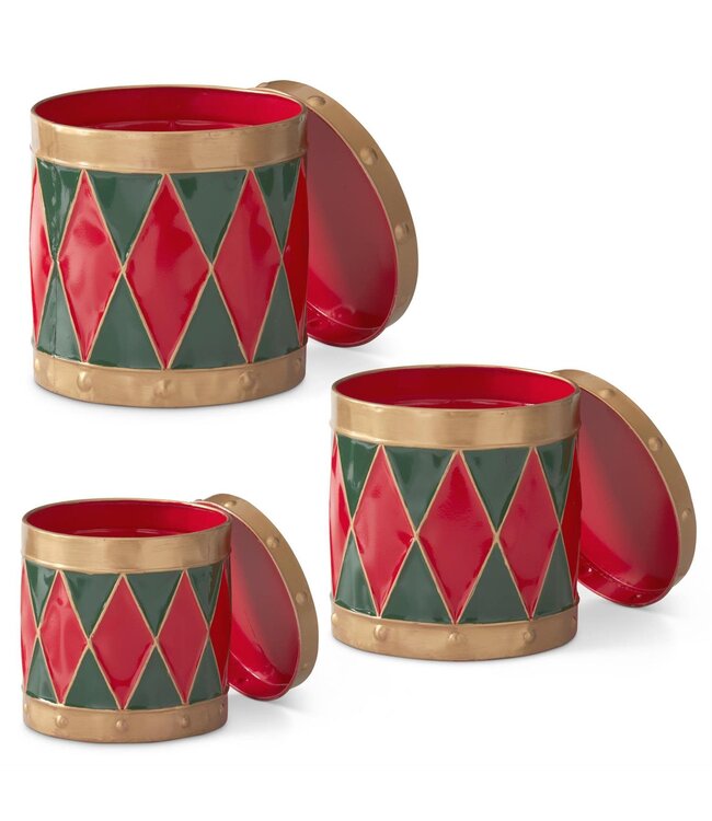Red & Green Harlequin Metal Drum Container - Sold Individually