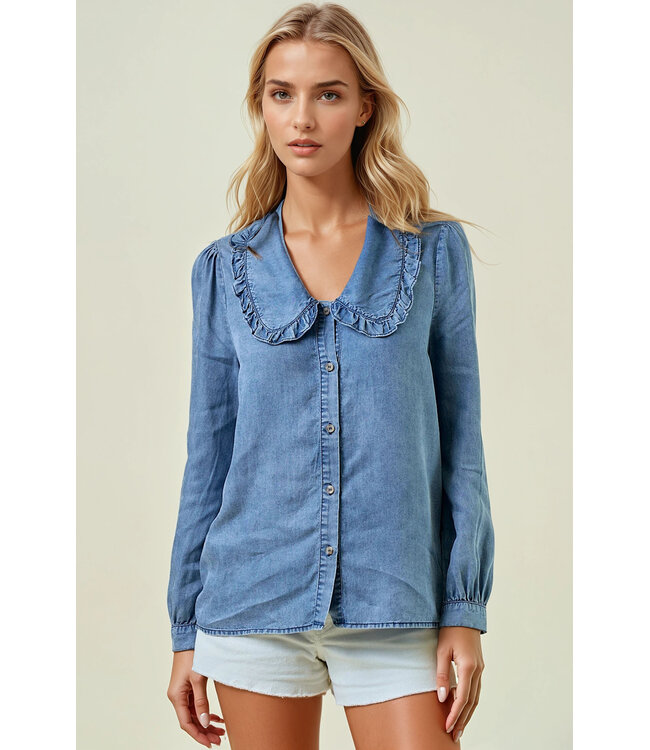 Natalie Tencel Denim Long Sleeve Button Down Shirt Blouse