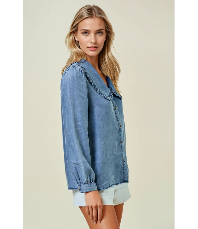 Natalie Tencel Denim Long Sleeve Button Down Shirt Blouse