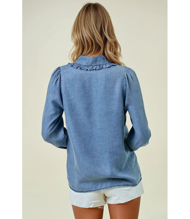 Natalie Tencel Denim Long Sleeve Button Down Shirt Blouse