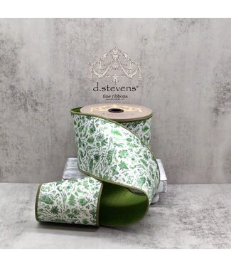 4" x 10yds Dupion Forest Green Floral Pattern With Rabbit, White Ribbon