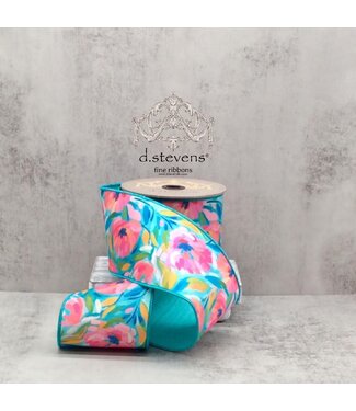 4" x 10yds Dupion Hand Drawn Abstract Flowers, Pink Teal Golden Yellow Ribbon