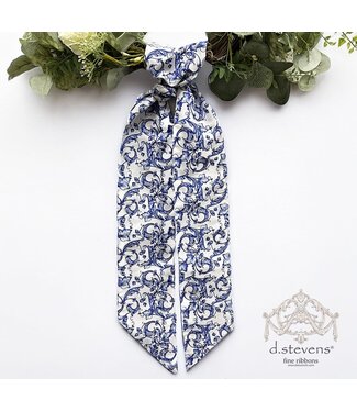 Taffeta Acanthus Scroll Chinoiserie Sash, Royal Blue White 4" x 56"