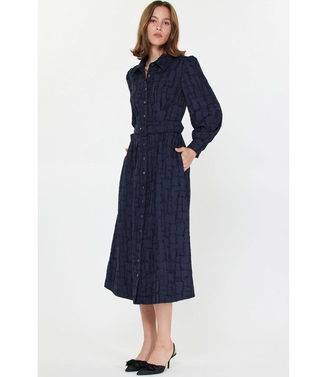 Xyril Collared Midi Dress W/ Buckled Waist Belt