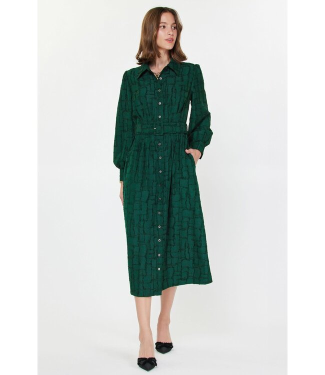 Xyril Collared Midi Dress W/ Buckled Waist Belt