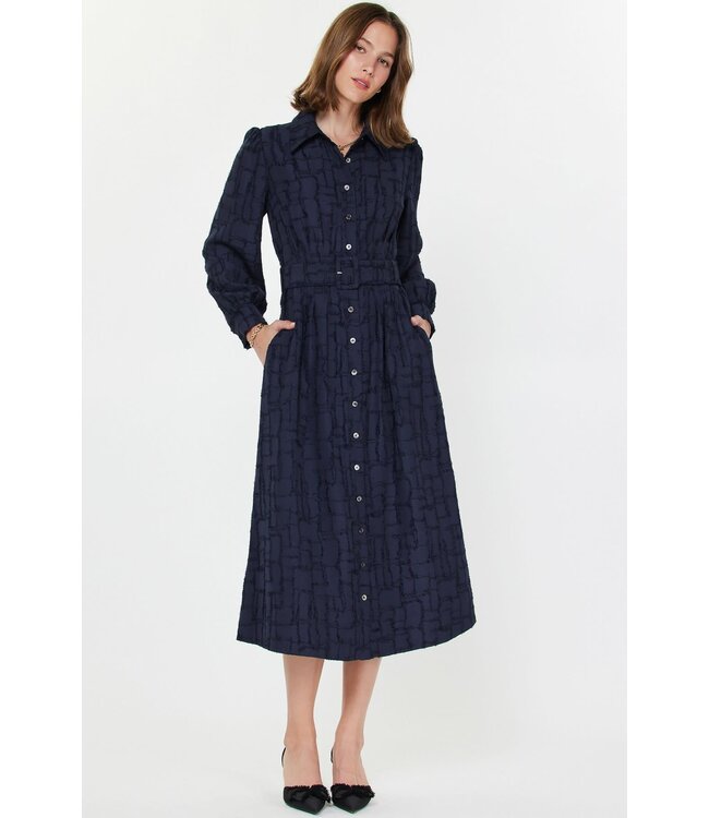 Xyril Collared Midi Dress W/ Buckled Waist Belt