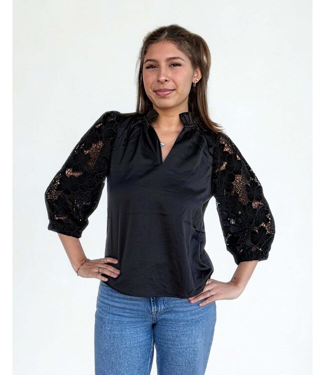 Natalie Lace Sleeve V-neck Satin Top