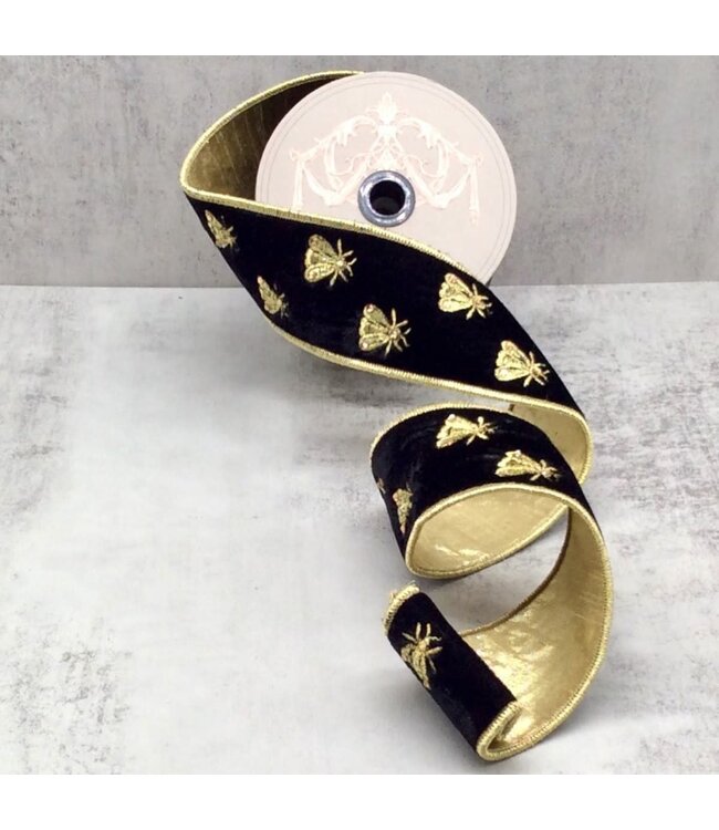2.5" x 5yds Velvet Gold Embroidery Bee Ribbon