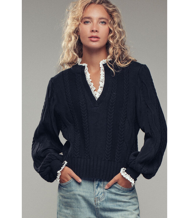 Elena Cable Knit Lace Trim Casual Top