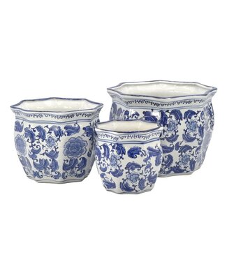 Ceramic Chinoiserie Planter Pot White & Blue - Classic Floral - Sold Individually