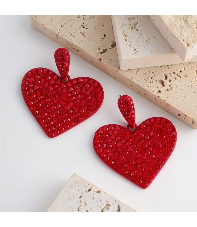 Dimensional Red Bling-Bling Love Earrings