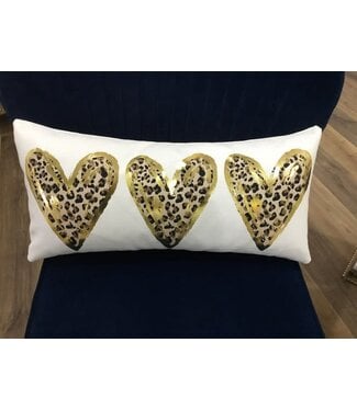 Golden Leopard Hearts W/ White Pom Trim Pillow