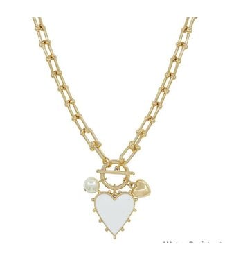 Gold Chain Necklace with White Studded Heart Charm 16"-18" Necklace