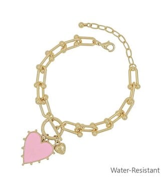 Gold Chain with Pink Studded Heart Charm Bracelet