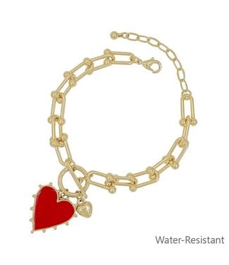 Gold Chain with Red Studded Heart Charm Bracelet