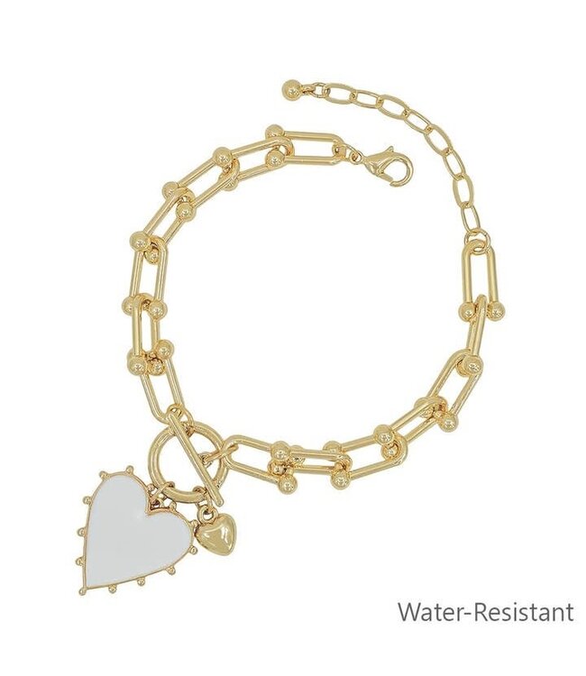 Gold Chain with White Studded Heart Charm Bracelet