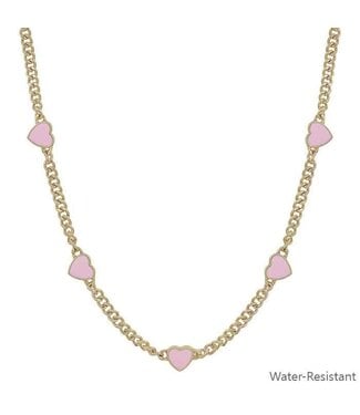 Water Resistant Gold Textured Chain with Pink Epoxy Heart 16"-18" Necklace