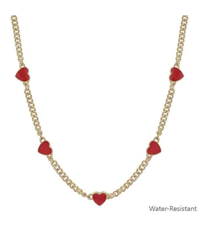 Water Resistant Gold Textured Chain with Red Epoxy Heart 16"-18" Necklace