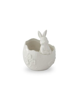 6 Inch White Ceramic Flower Embossed Egg Container with Easter Bunny