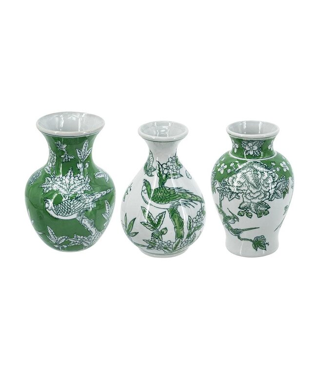 Green & White Porcelain Vase with Nature-Inspired Motifs - Sold Individually