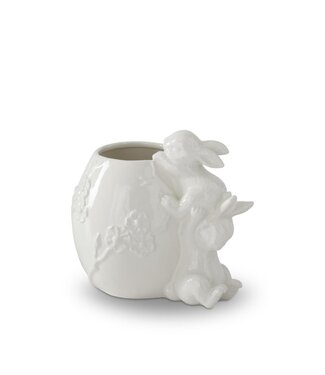 7 Inch White Ceramic Flower Embossed Egg Container with 2 Easter Bunnies