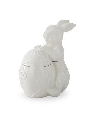 8.5 Inch White Ceramic Flower Embossed Egg & Easter Bunny Container