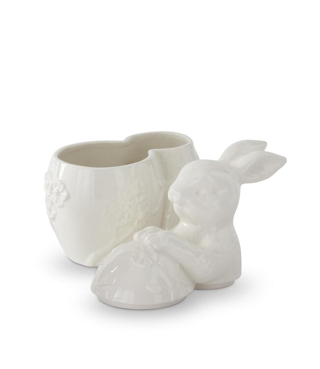8.5 Inch White Ceramic Flower Embossed Egg & Easter Bunny Container