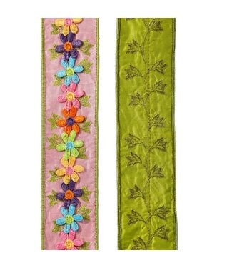 2.5”x5y Flower Power Dupion Ribbon - Pink Green