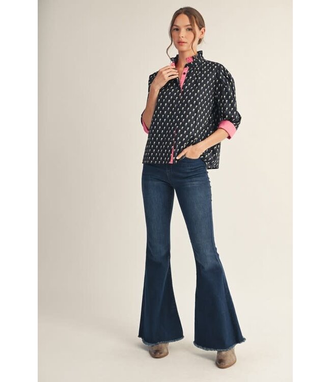 Sarah Solid Contrast Detail Button Down Floral Top